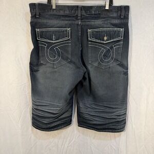 Men's Y2K Denim Dark Wash Light Distress Shorts Size 40 Long Inseam Cotton